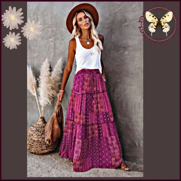 BOHO VIOLET & PINK PAISLY PRINT MAXI SKIRT WITH POCKETS SMALL - Picture 13 of 13